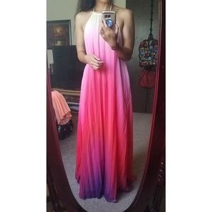 Multicolor Ombre Halter Pleated Maxi